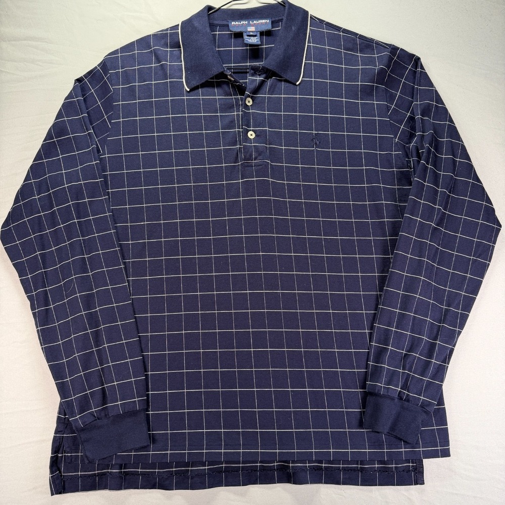 Polo Sport Ralph Lauren Polo Shirt Mens Large Navy Blue Windowpane Cotton Thin